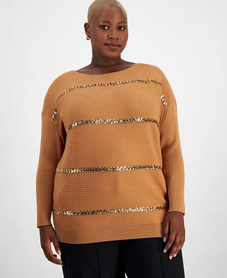 Jm Collection Plus Sequin-Stripe Boat-Neck Sweater, Created for Macy's