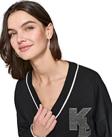 Karl Lagerfeld Paris Women's V-Neck Embellished Varsity Sweater