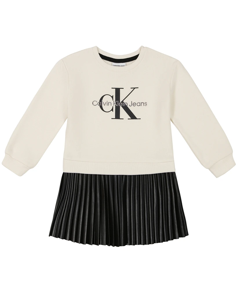 Calvin Klein Toddler and Little Girls Fleece Crewneck-and-Artificial Leather Pleated Skirt dress