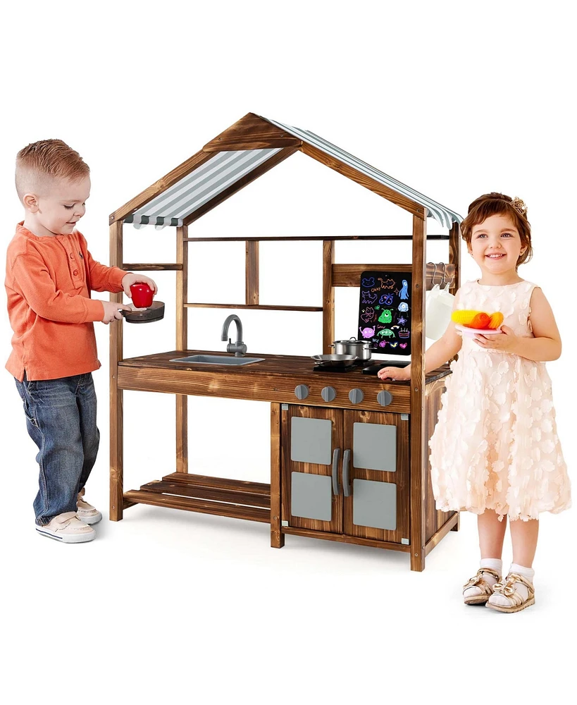 Costway Wooden Mud Kitchen with Chalkboard, Stoves, Removable Sink & Accessories