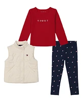 Tommy Hilfiger Toddler and Little Girls Long Sleeve Logo Tee, Corduroy Vest Printed Leggings, 3 Piece Set