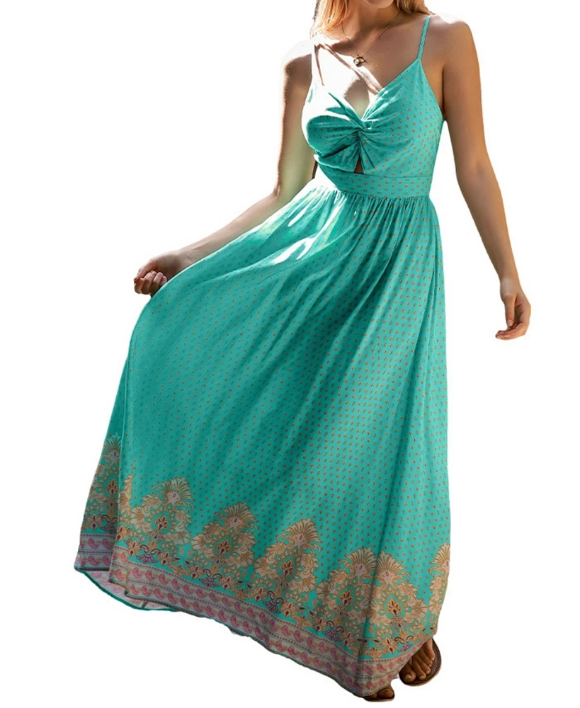 Cupshe Women's Aqua Boho Sweetheart Twist & Keyhole Maxi Beach Dress