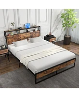 Gymax Queen Size Industrial Platform Bed Frame with Charging Station Storage Headboard