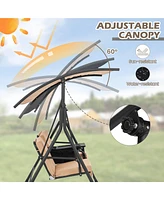 2-Person Canopy Porch Swing Padded Chair Cooler Bag Rotatable Tray Black