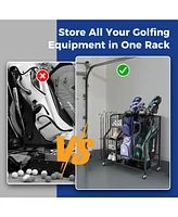 Skonyon Golf Bag Organizer for 2 Golf Bags with Golf Clubs Rack and Lockable Wheels-Black