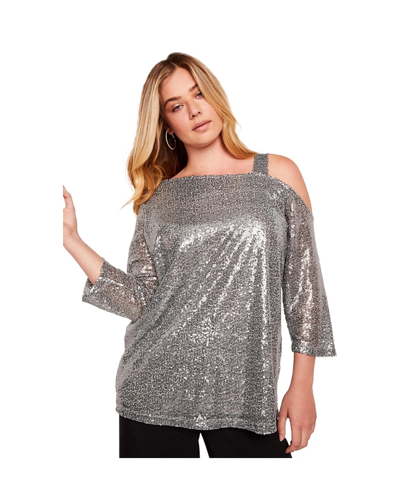 June + Vie Plus Size June + Vie Sequin One-Shoulder Top