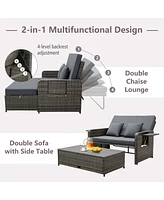 Costway Wicker Loveseat Sofa Set Patio Rattan Daybed with Ottoman & Retractable Side Tray