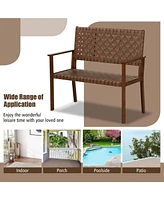 Costway Patio Loveseat All Weather Bench with Solid Rubber Wood Frame&Hand Woven Pu Leather