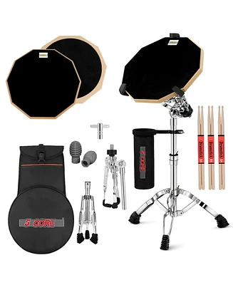 5 Core Drum Practice Pad Set 12" Adjustable Snare Drumming Stand Double Sided Silent Drummer Kit