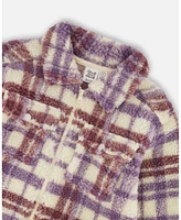 Deux par Big Girls Zip Front Sherpa Overshirt Plaid Purple And White