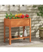 Skonyon Outdoor Raised Garden Bed Fir Wood Planter Box with Bottom Storage Shelf and Protective Liner-Brown