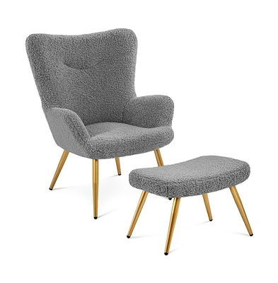 Yaheetech Boucle Accent Chair and Ottoman Set with Golden Metal Legs