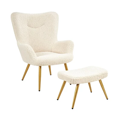 Yaheetech Boucle Accent Chair and Ottoman Set with Golden Metal Legs