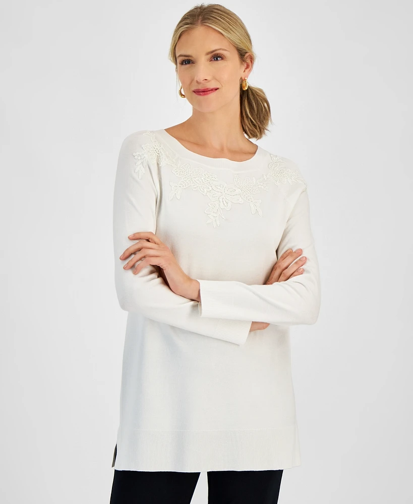 Jm Collection Women's Applique Boat-Neck Sweater, Created for Macy's