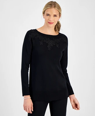 Jm Collection Women's Applique Boat-Neck Sweater, Created for Macy's