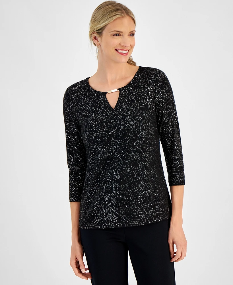 Jm Collection Petite Glitter Jacquard Keyhole Top, Created for Macy's