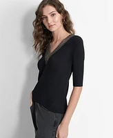 Dkny Women's Embellished-Neck Half-Sleeve Ribbed Sweater