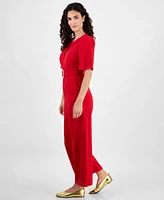 Tahari Petite Belted Wide-Leg Puffed-Shoulder Jumpsuit