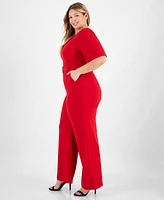 Tahari Plus Belted Wide-Leg Puffed-Shoulder Jumpsuit