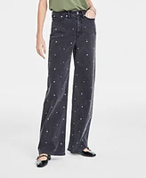 On 34th Women's Black Embellished Wide-Leg Jeans, Created for Macy's