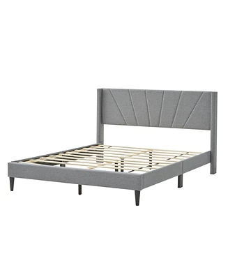 Costway Queen Bed Frame Modern Platform Bed with Linen Upholstered Wingback Headboard