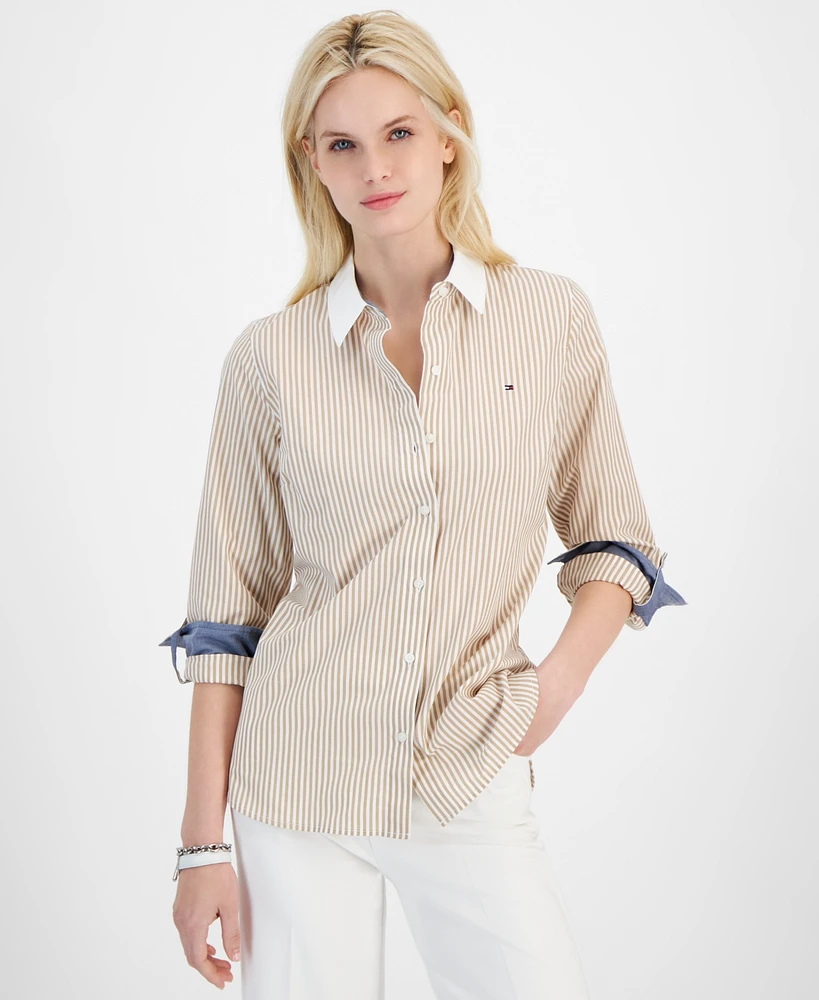 Tommy Hilfiger Women's Cotton Bengal-Stripe Roll-Tab Shirt