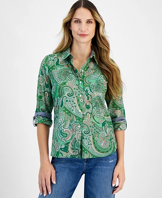 Tommy Hilfiger Women's Cotton Paisley Roll-Tab Shirt