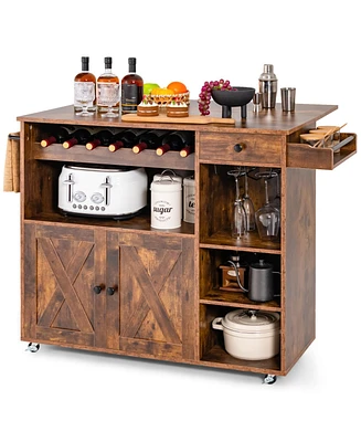 Skonyon Rolling Kitchen Island Cart with Drop Leaf and Wine Rack-Rustic Brown