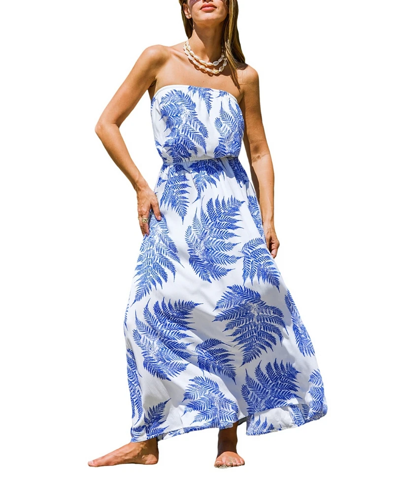 Cupshe Women's Blue & White Palm Leaf Tube Midi Beach Dress