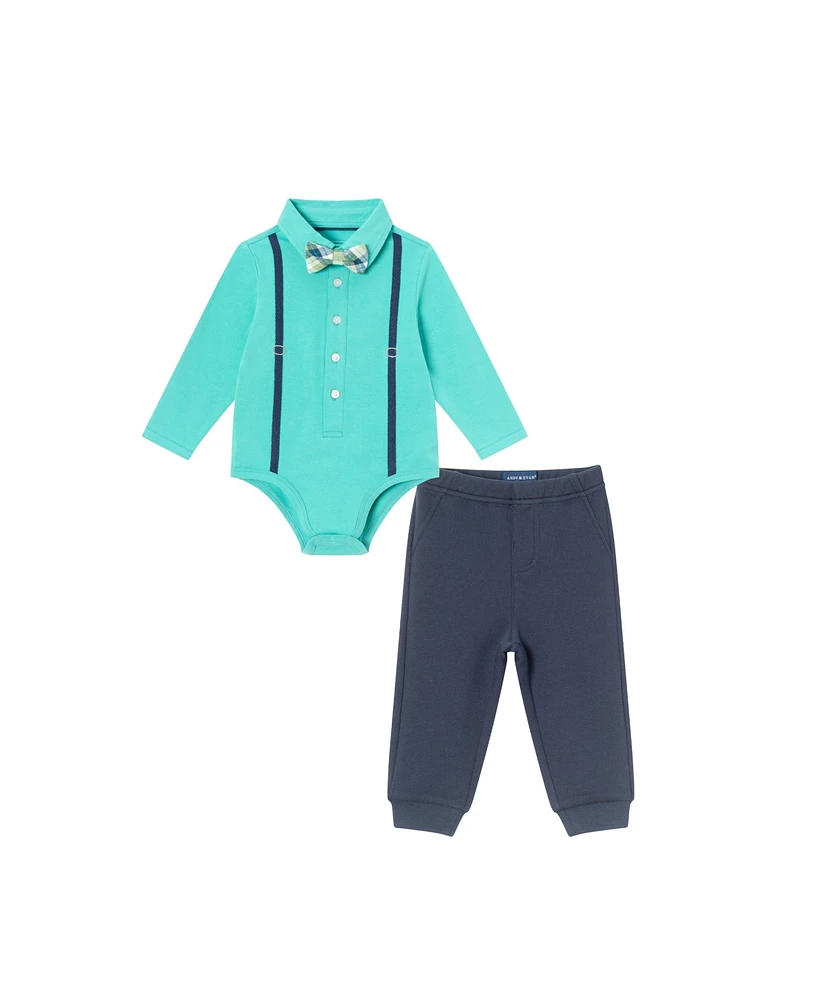 Andy & Evan Baby Boys Teal Suspender Shirtzie w/Pique Pant Set