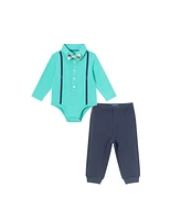 Andy & Evan Baby Boys Teal Suspender Shirtzie w/Pique Pant Set