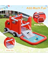 Costway Fire Truck Themed Inflatable Castle Water Park Kids Bounce House w/ 480W Blower