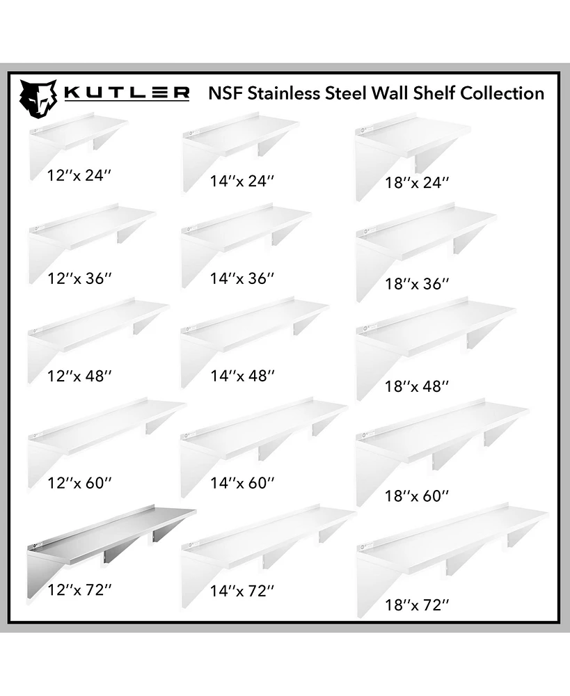 Kutler 12" x 72" Stainless Steel Shelf, Nsf Commercial Wall Mount Shelving w/ Backsplash, Floating Metal Mounted Shelves for Restaurant, Kitchen, Home
