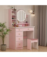 Famapy 5-Drawers Pink Wood Makeup Vanity Set Dressing Desk