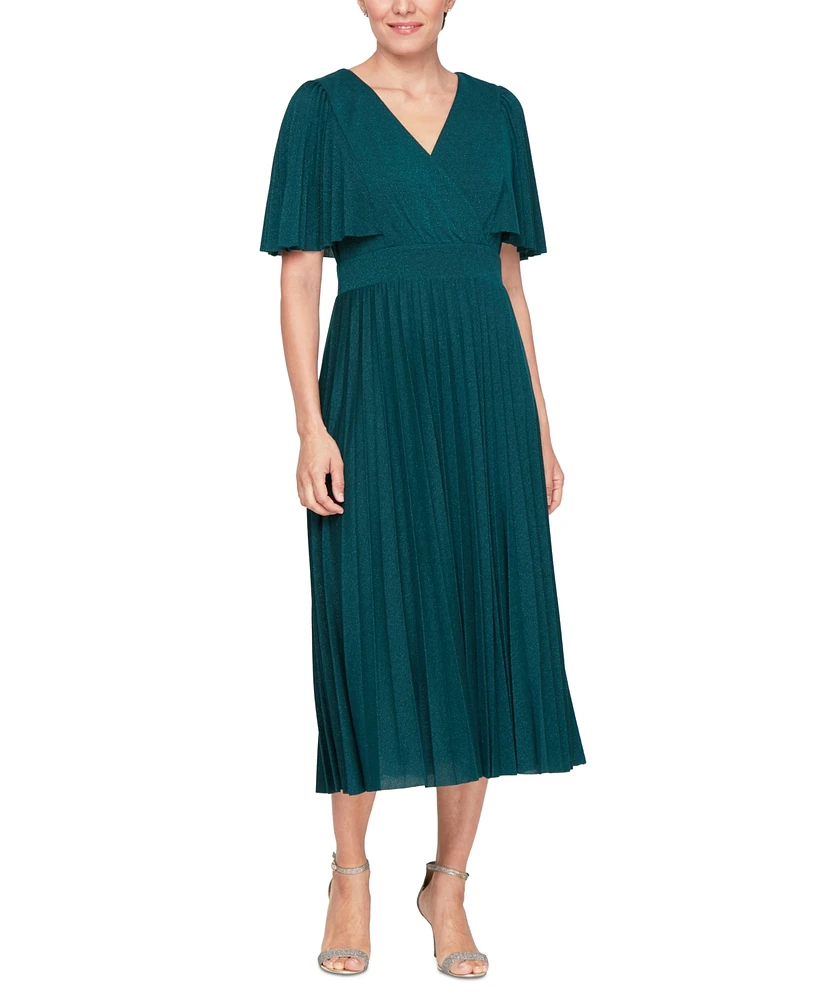 Sl Fashions Women's Surplice-Neck Pleated A-Line Dress