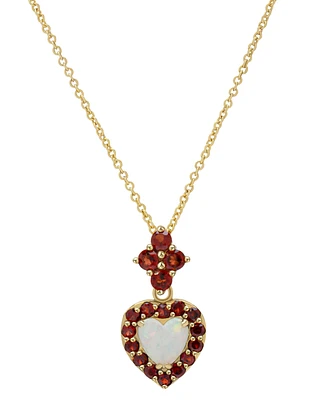 Lab Grown Opal (5/8 ct. t.w.) & Garnet (1-1/4 ct. t.w.) Heart Halo 18" Pendant Necklace in 14k Gold-Plated Sterling Silver