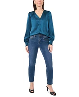 Sam & Jess Petite V-Neck Smocked-Trim Long-Sleeve Top