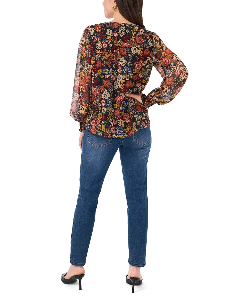 Sam & Jess Petite V-Neck Smocked-Trim Long-Sleeve Top