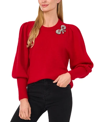 CeCe Women's Rhinestone Bow Crew Neck Sweater