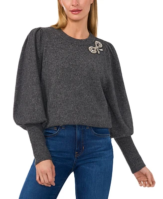 CeCe Women's Rhinestone Bow Crew Neck Sweater