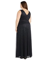 R & M Richards Plus Metallic Beaded-Waist Gown