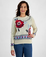 Style & Co Petite Floral Whimsy Crewneck Knit Sweater, Created for Macy's