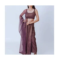 Raas Women's Purple Shimmery Pleated Skirt and Embellished Crop Top Set