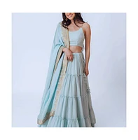 Raas Women's Shimmer Sky Blue Tiered Skirt with Blouse and Dupatta