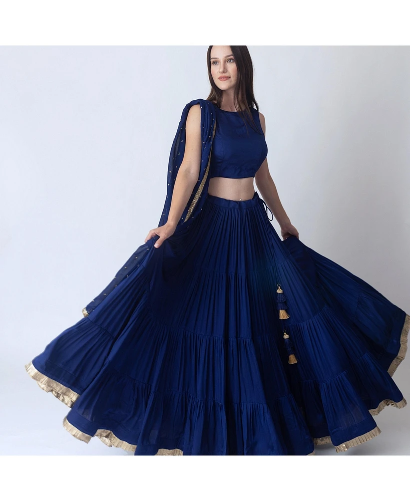 Raas Women's Royal Blue Lehenga Choli with Gold Trim