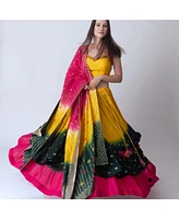 Raas Women's Multicolor Lehenga Choli with Off Shoulder Blouse and Layered Lehenga