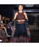 Raas Women's Black Lehenga with Ajrakh Print on the Hem and Hand Embroidered Blouse