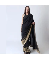 Raas Women's Black Silk Pre-Stitched Saree with Jacquard Weave Border and Hand Embroidered Blouse