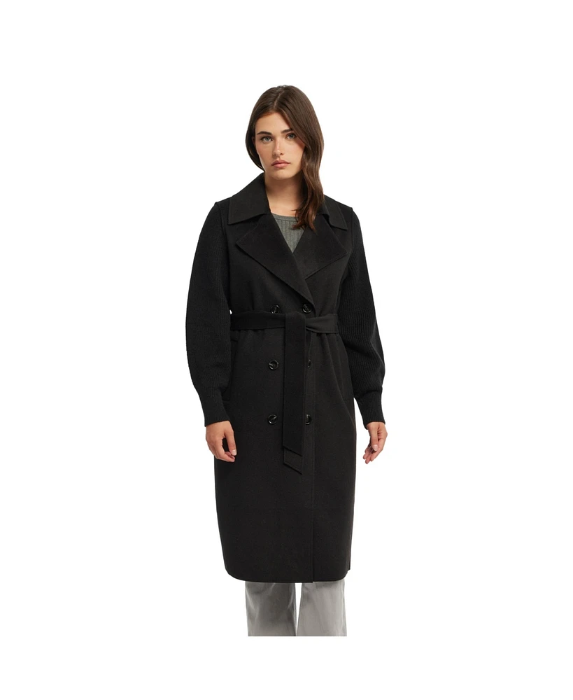 Ellen Tracy Women's Mixed Media Double Face Coat with Knit Sleeves