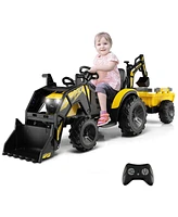 Gymax 3-in-1 Kids Ride On Excavator Bulldozer 12V Electric Tractor Remote w/ Trailer Yellow